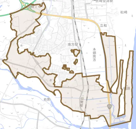 大字郡司分とその周辺の地図。町の範囲を重ねている