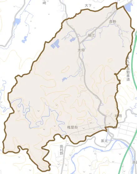 大字細江とその周辺の地図。町の範囲を重ねている