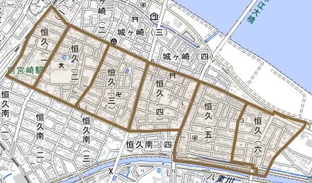 恒久とその周辺の地図。町の範囲を重ねている