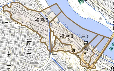 福島町とその周辺の地図。町の範囲を重ねている