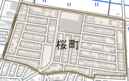 桜町とその周辺の地図。町の範囲を重ねている