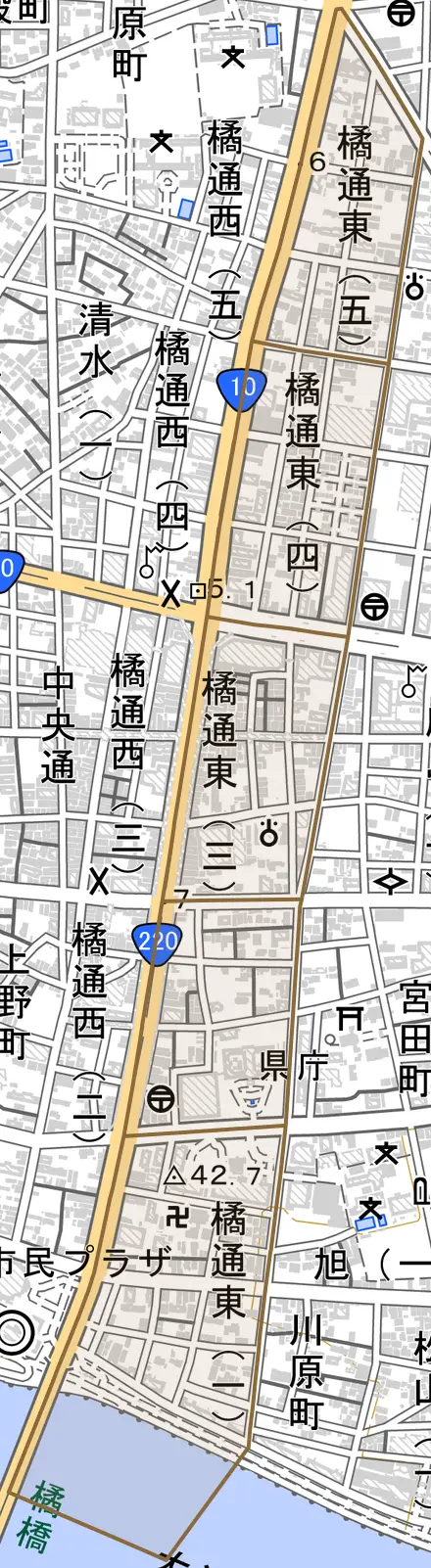 橘通東とその周辺の地図。町の範囲を重ねている