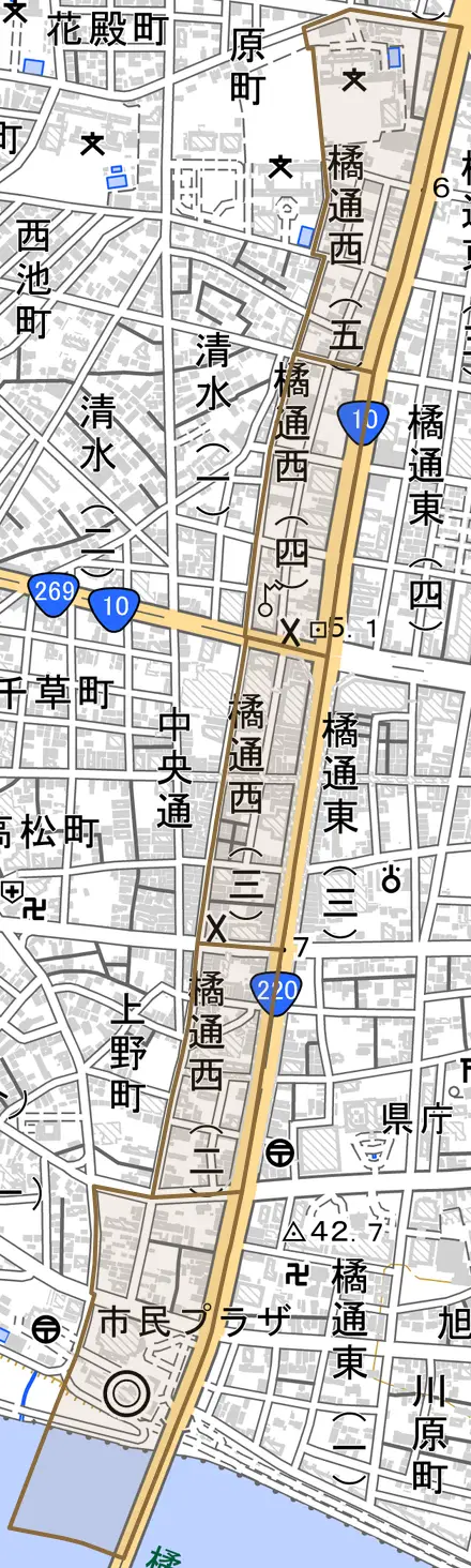 橘通西とその周辺の地図。町の範囲を重ねている