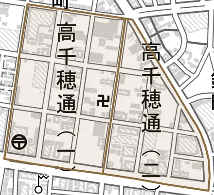高千穂通とその周辺の地図。町の範囲を重ねている