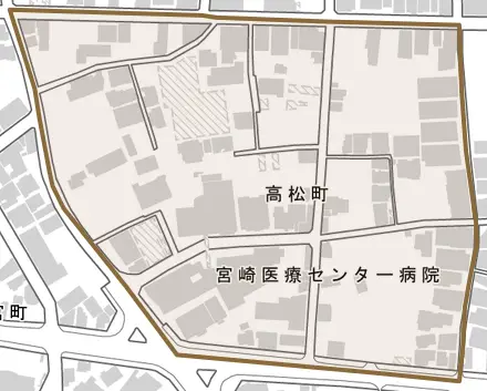 高松町とその周辺の地図。町の範囲を重ねている