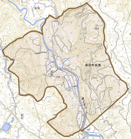 高岡町紙屋とその周辺の地図。町の範囲を重ねている
