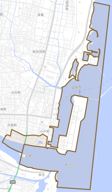 高洲町とその周辺の地図。町の範囲を重ねている