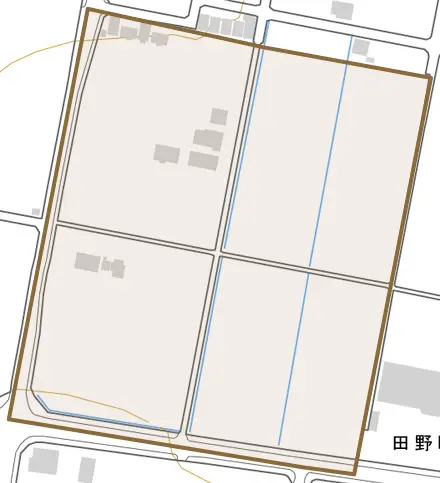 田野町乙とその周辺の地図。町の範囲を重ねている