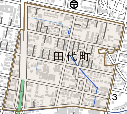 田代町とその周辺の地図。町の範囲を重ねている