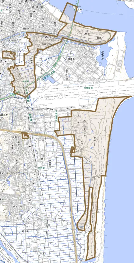 大字田吉とその周辺の地図。町の範囲を重ねている