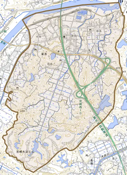 大字富吉とその周辺の地図。町の範囲を重ねている