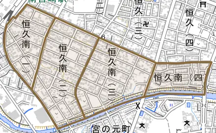 恒久南とその周辺の地図。町の範囲を重ねている