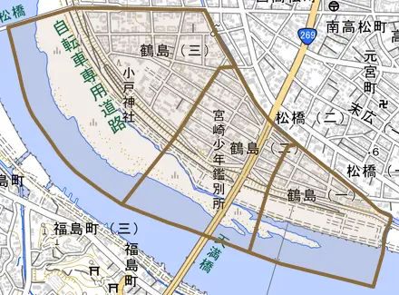 鶴島とその周辺の地図。町の範囲を重ねている