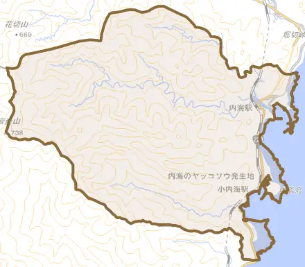 大字内海とその周辺の地図。町の範囲を重ねている