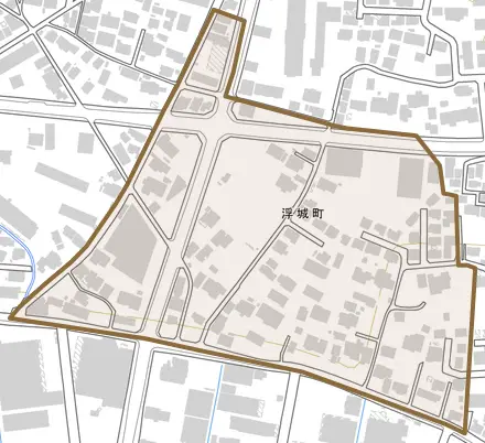 浮城町とその周辺の地図。町の範囲を重ねている