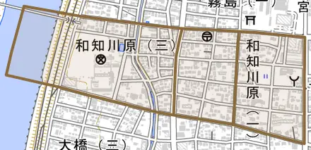 和知川原とその周辺の地図。町の範囲を重ねている