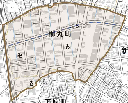 柳丸町とその周辺の地図。町の範囲を重ねている