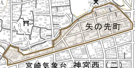 矢の先町とその周辺の地図。町の範囲を重ねている