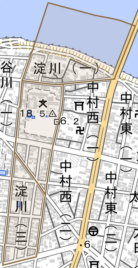 淀川とその周辺の地図。町の範囲を重ねている
