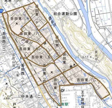 吾田東とその周辺の地図。町の範囲を重ねている