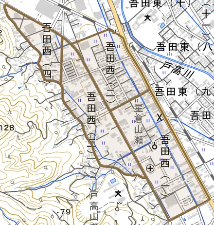 吾田西とその周辺の地図。町の範囲を重ねている