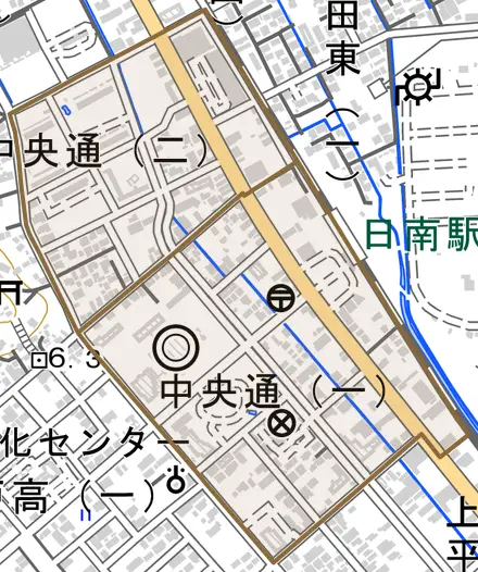 中央通とその周辺の地図。町の範囲を重ねている