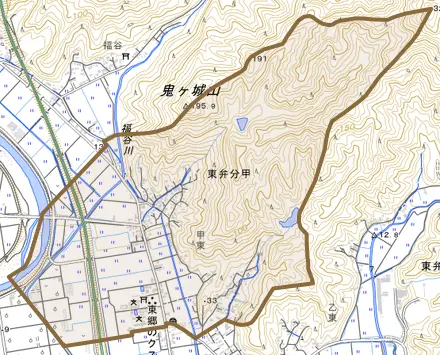 大字東弁分甲とその周辺の地図。町の範囲を重ねている