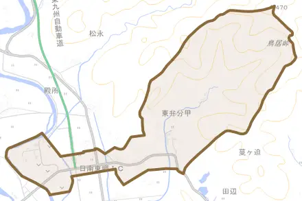 大字東弁分乙とその周辺の地図。町の範囲を重ねている