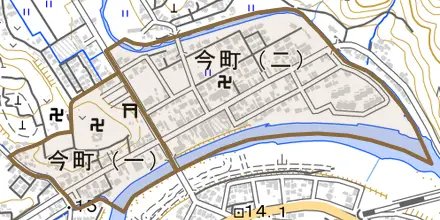 今町とその周辺の地図。町の範囲を重ねている