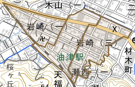 岩崎とその周辺の地図。町の範囲を重ねている