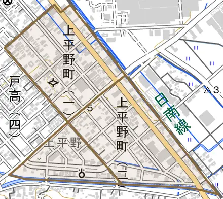 上平野町とその周辺の地図。町の範囲を重ねている