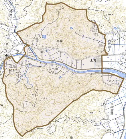大字上方とその周辺の地図。町の範囲を重ねている