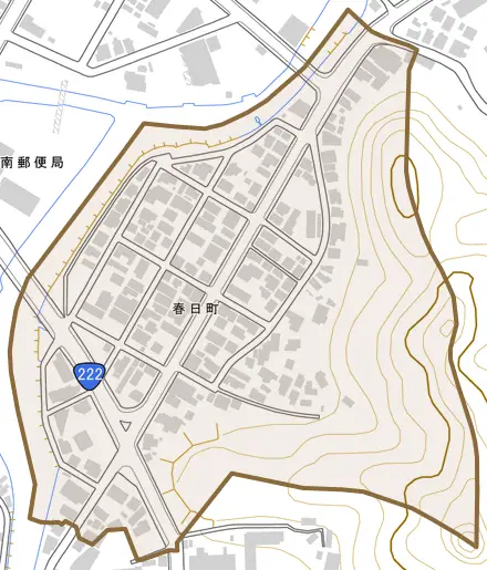 春日町とその周辺の地図。町の範囲を重ねている