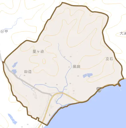 大字風田とその周辺の地図。町の範囲を重ねている