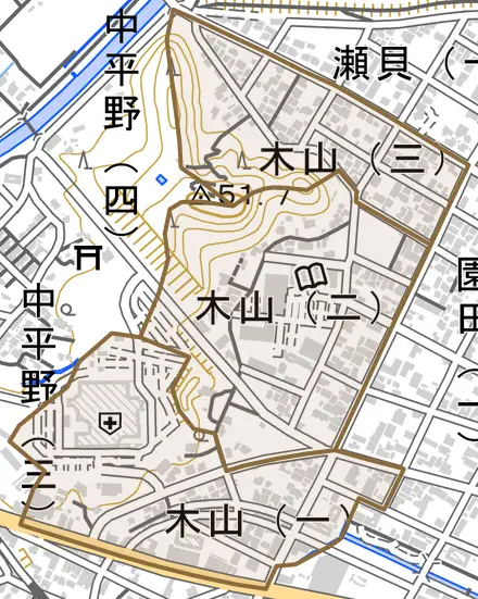 木山とその周辺の地図。町の範囲を重ねている