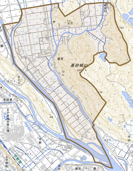 大字益安とその周辺の地図。町の範囲を重ねている