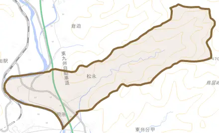 大字松永とその周辺の地図。町の範囲を重ねている