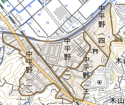 中平野とその周辺の地図。町の範囲を重ねている
