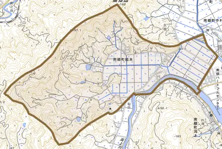 南郷町脇本とその周辺の地図。町の範囲を重ねている