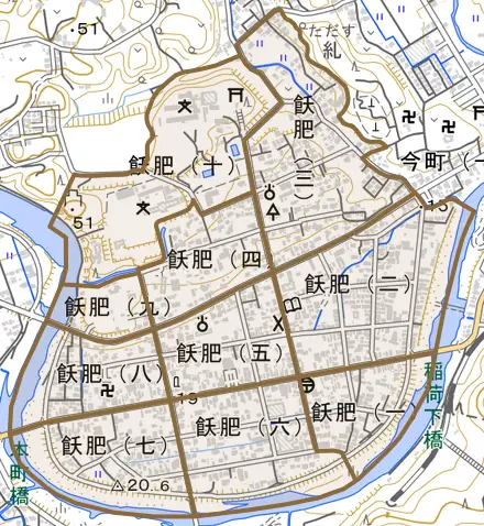 飫肥とその周辺の地図。町の範囲を重ねている