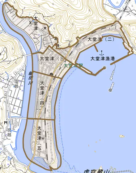 大堂津とその周辺の地図。町の範囲を重ねている