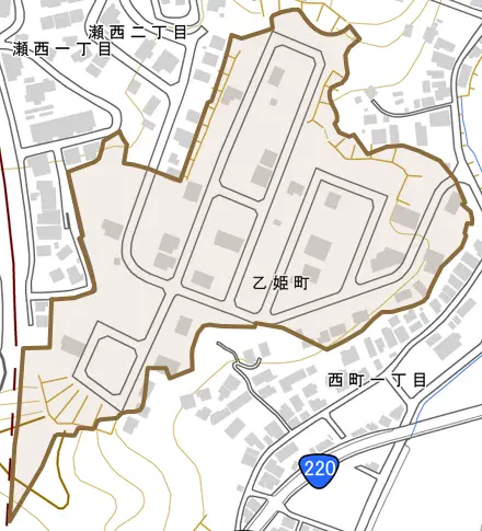 乙姫町とその周辺の地図。町の範囲を重ねている