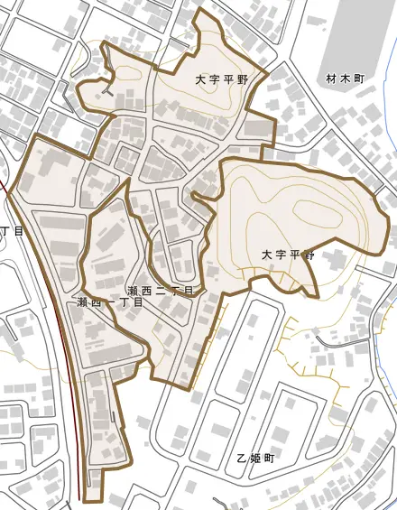瀬西とその周辺の地図。町の範囲を重ねている