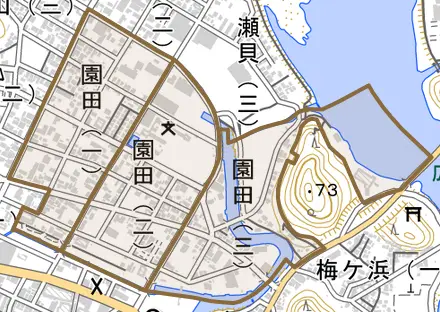 園田とその周辺の地図。町の範囲を重ねている