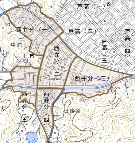 西弁分とその周辺の地図。町の範囲を重ねている