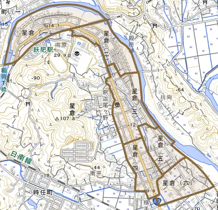 星倉とその周辺の地図。町の範囲を重ねている