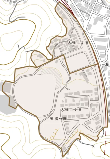 天福とその周辺の地図。町の範囲を重ねている