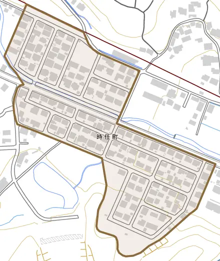 時任町とその周辺の地図。町の範囲を重ねている