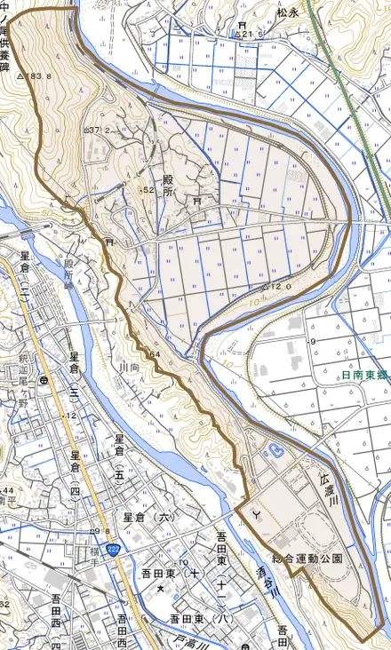 大字殿所とその周辺の地図。町の範囲を重ねている