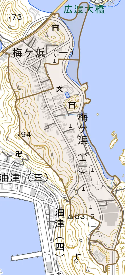 梅ケ浜とその周辺の地図。町の範囲を重ねている